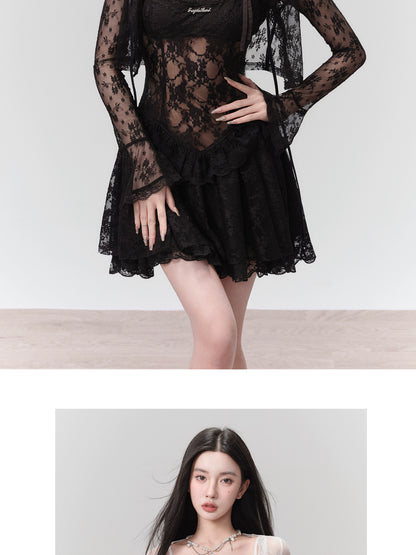 See-Through Cropped Lace Cardigan With Flared Cuffs