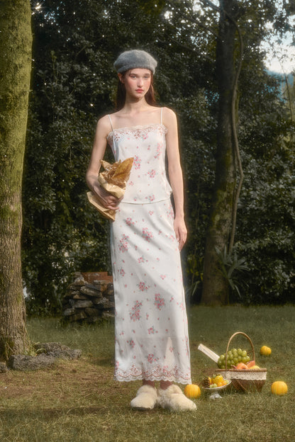 Pearl Satin Embroidered Camisole & Skirt