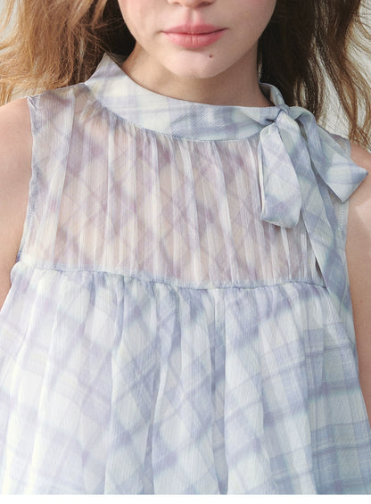 Sleeveless Plaid Chiffon Dress With Tiered Layers