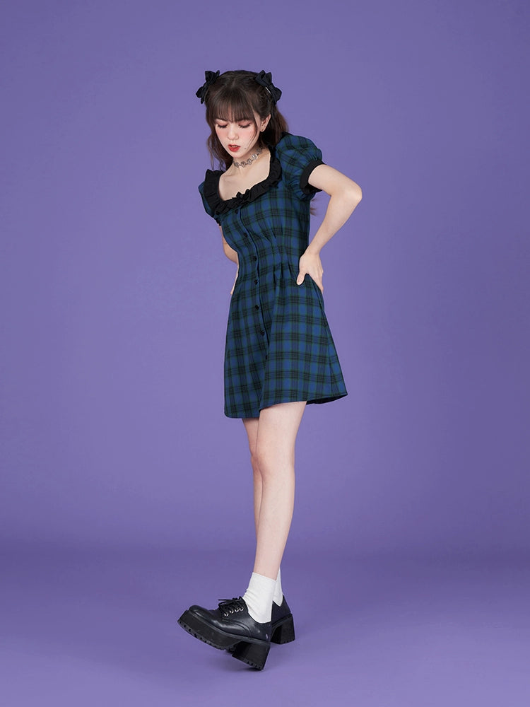 Plaid Frilled Square Neck Short Dress Fitted At Waist