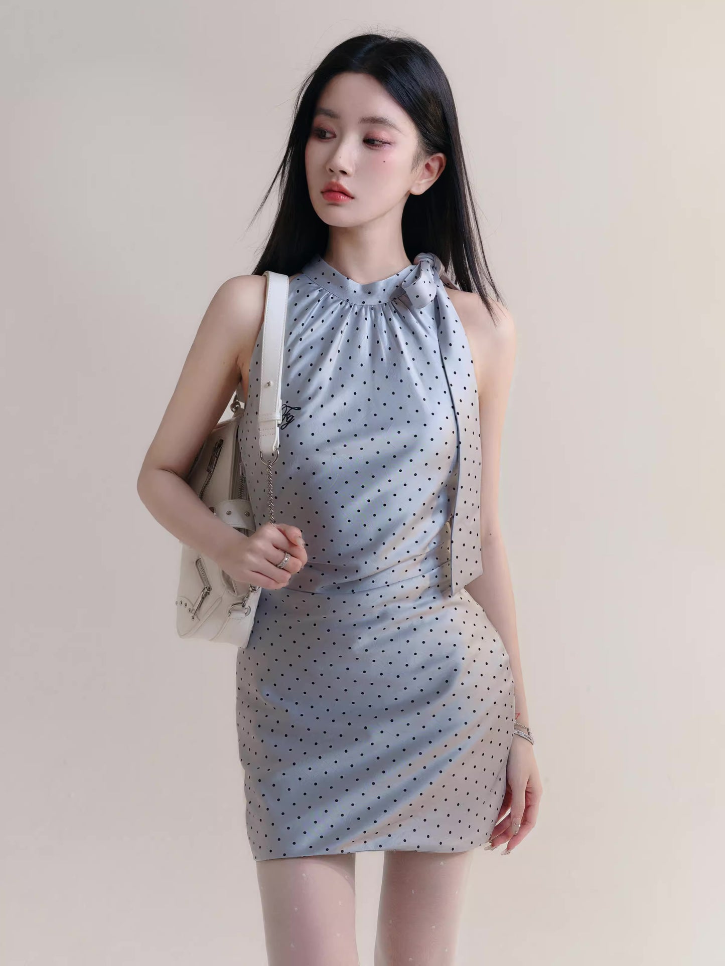 Satin Polka Dot Ruched Waist Short Dress With Neck Tie