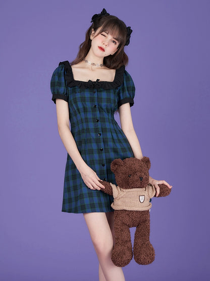 Plaid Frilled Square Neck Short Dress Fitted At Waist