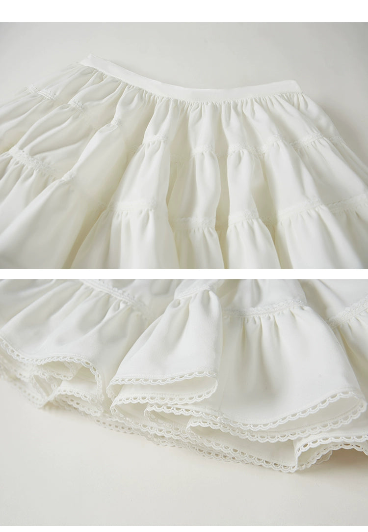 Mid Rise Lace Trim Ruched Tiered Mini Skirt