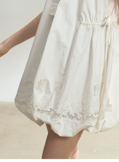Embroidered Tie Neck Bubble Mini Dress