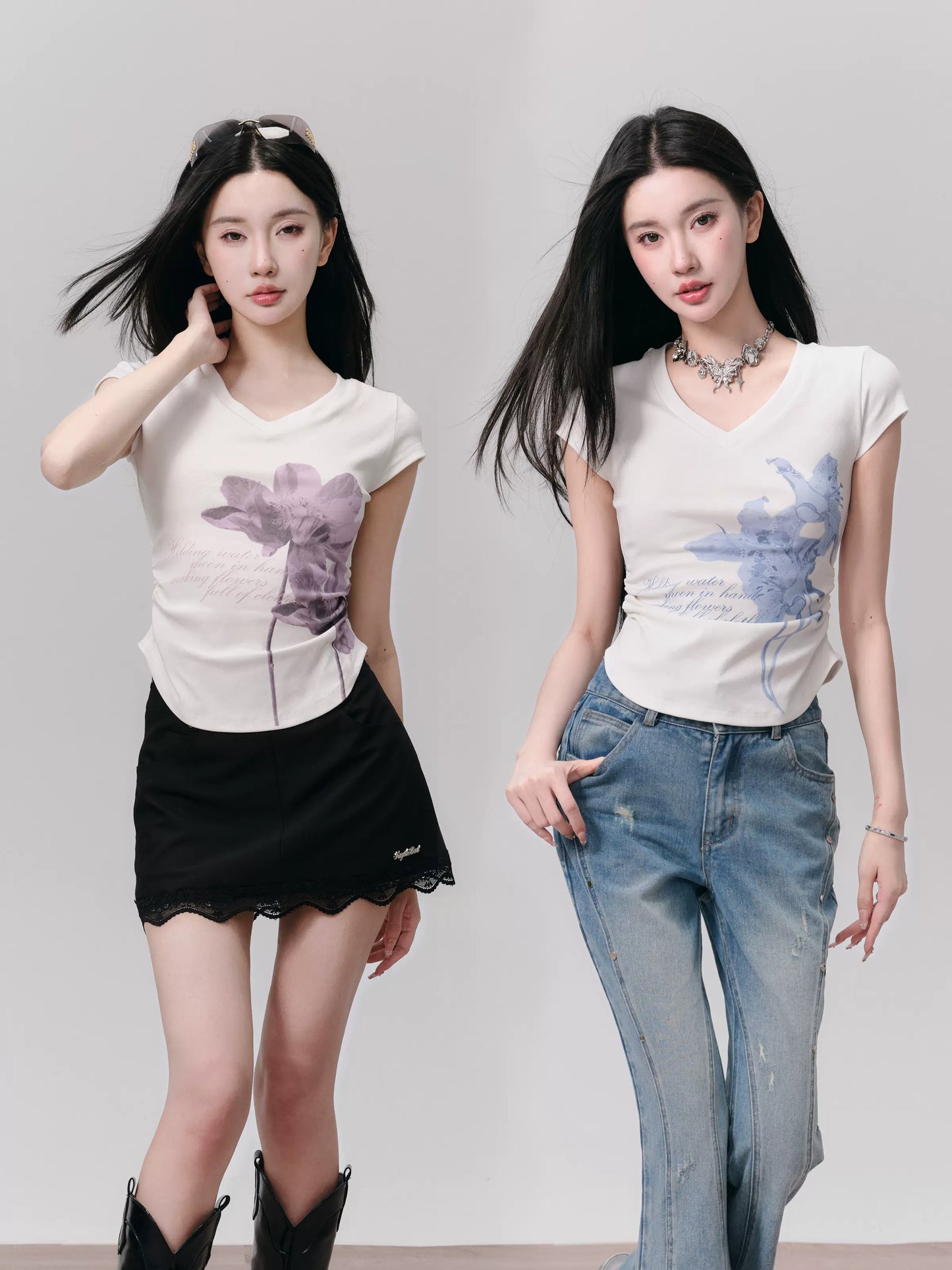 Lily Floral Print V-Neck Slim Fit Ruched T-Shirt