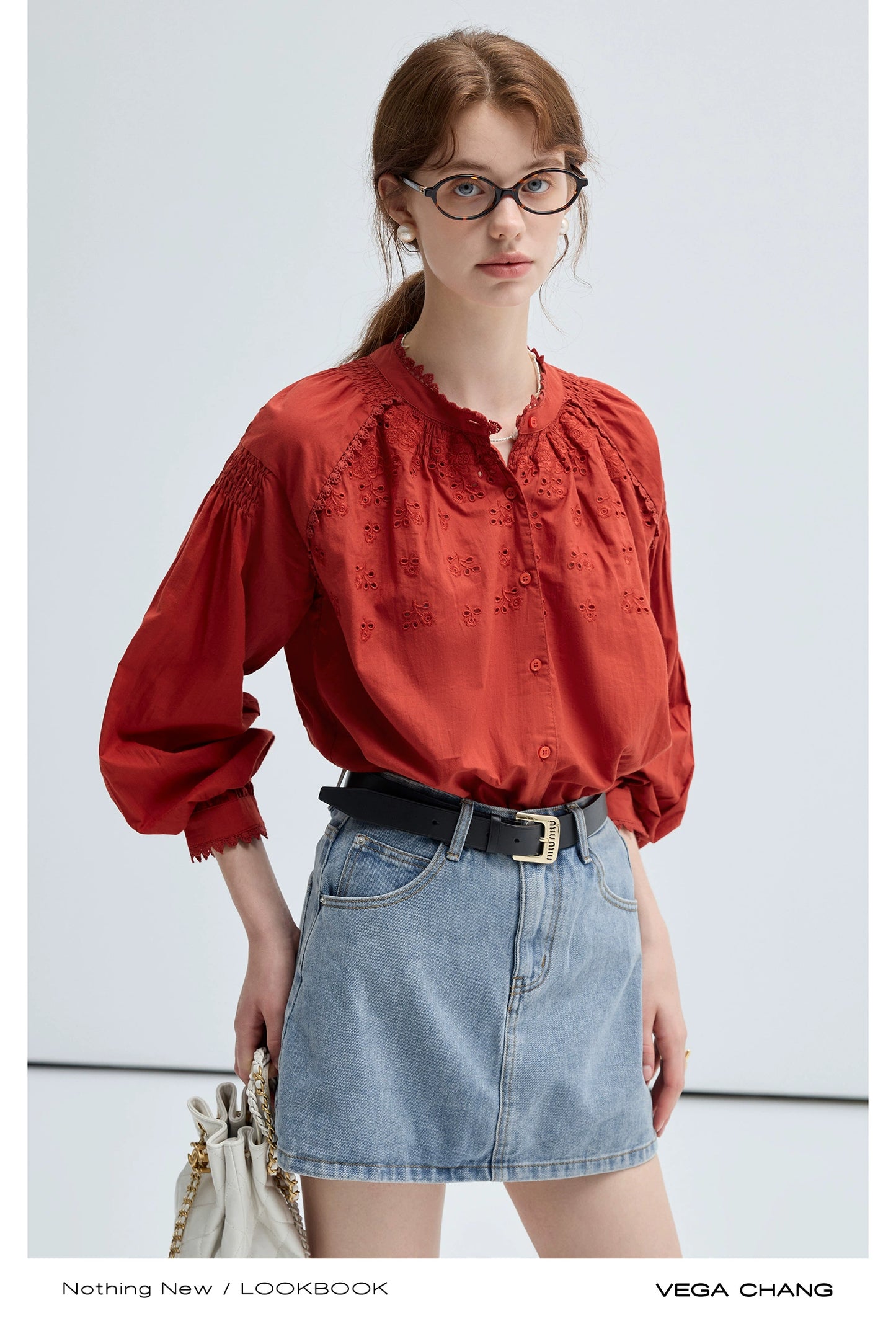 Embroidered Balloon Sleeve Blouse And Denim Skirt