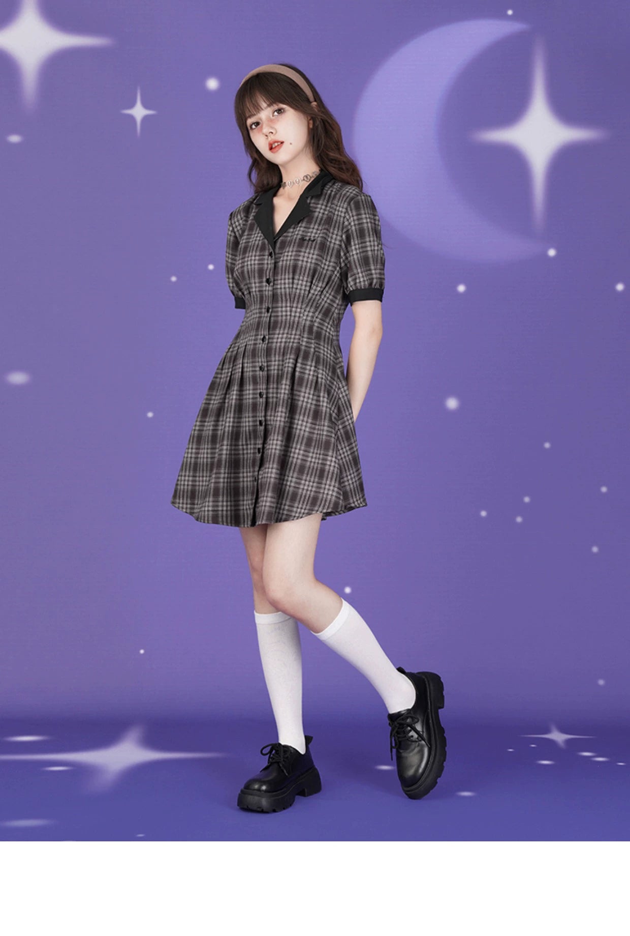 College Style Plaid Open Collar Button-Up Short Dress