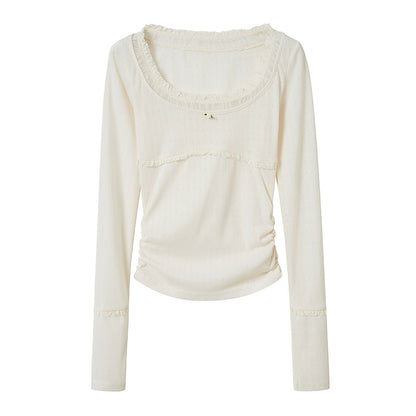 Lace Splicing U-neck Long-sleeved T-Shirt