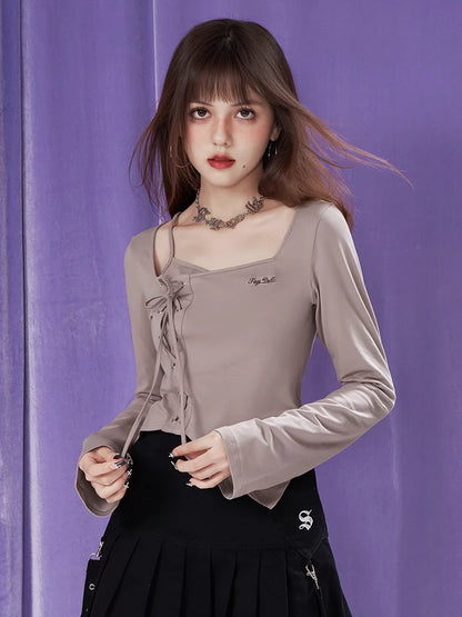 Layered-Look Open Neck Lace Up Long Sleeved T-Shirt