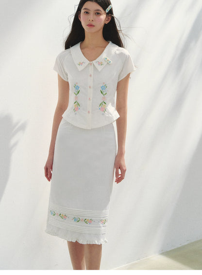 Floral Embroidered Fitted Blouse & Skirt In Pure Cotton