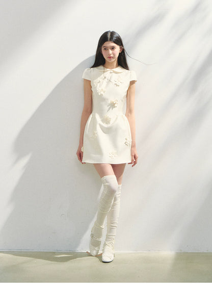 Round-Collar Mini Dress With Floral Embellishments