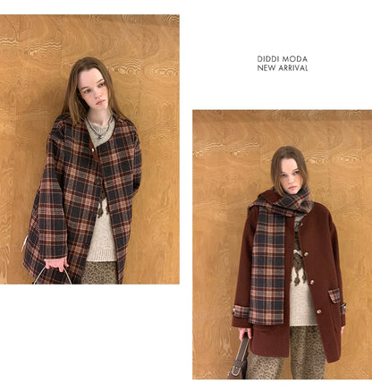 Plaid Wool Blend Double Layer Coat With Matching Scarf