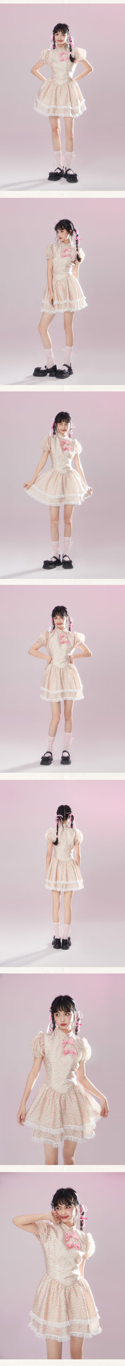 Qipao-Inspired Floral Puff Sleeve Dress With Bows