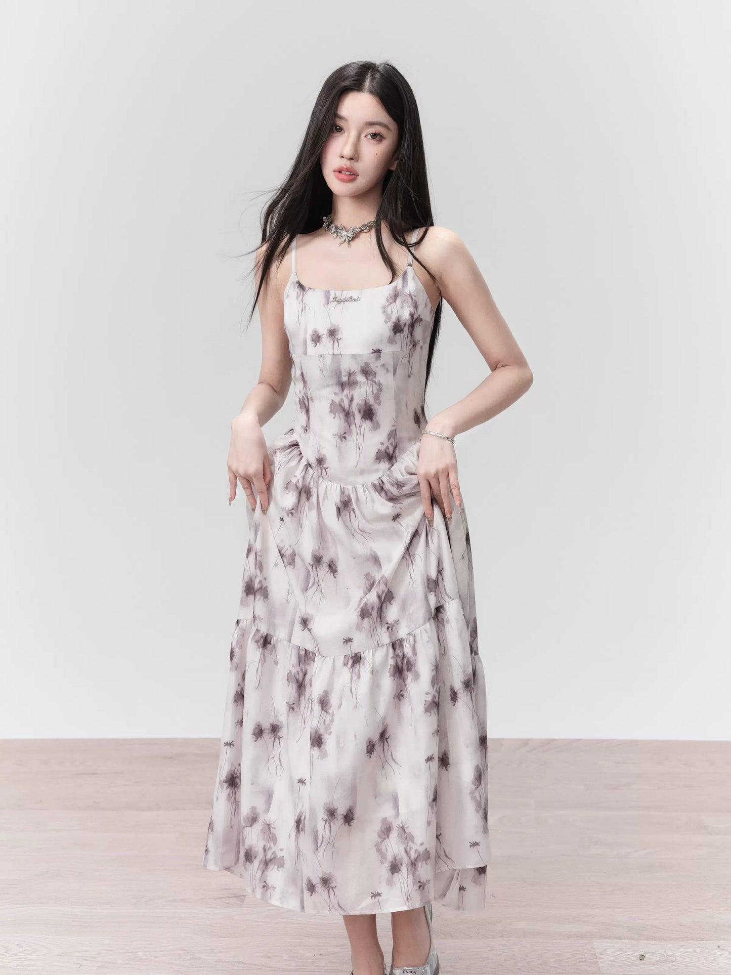 Rose Floral Smudged Ink Style Long Camisole Dress