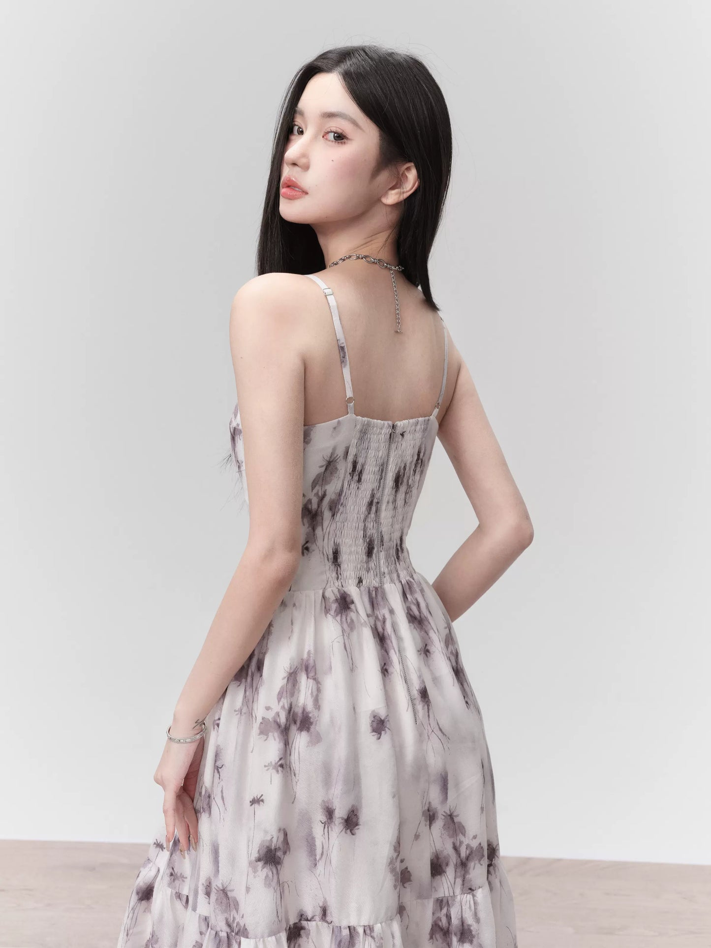 Rose Floral Smudged Ink Style Long Camisole Dress