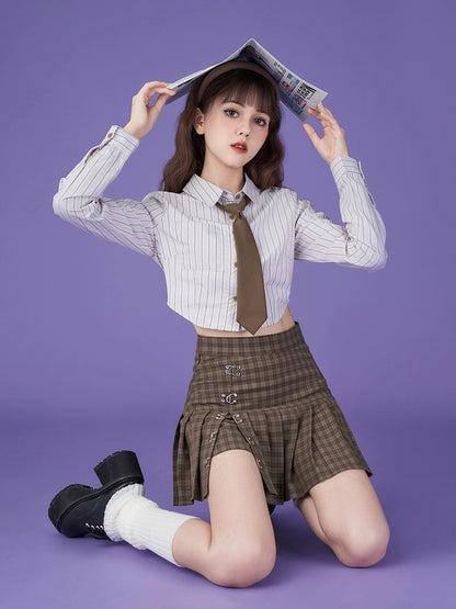 College Style Plaid High Waist Pleated Skirt With Clasps