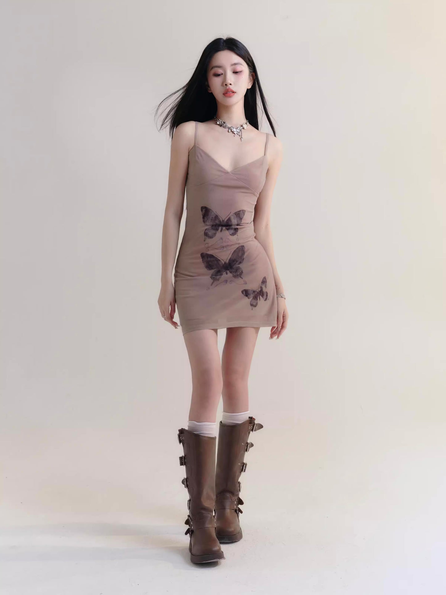 Butterfly Print Soft Sheer Breathable Lined Camisole Dress