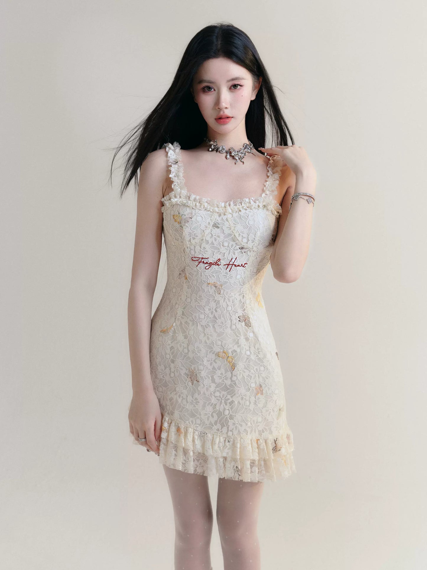 Butterfly Embroidered Lace Short Asymmetric Ruffled Dress