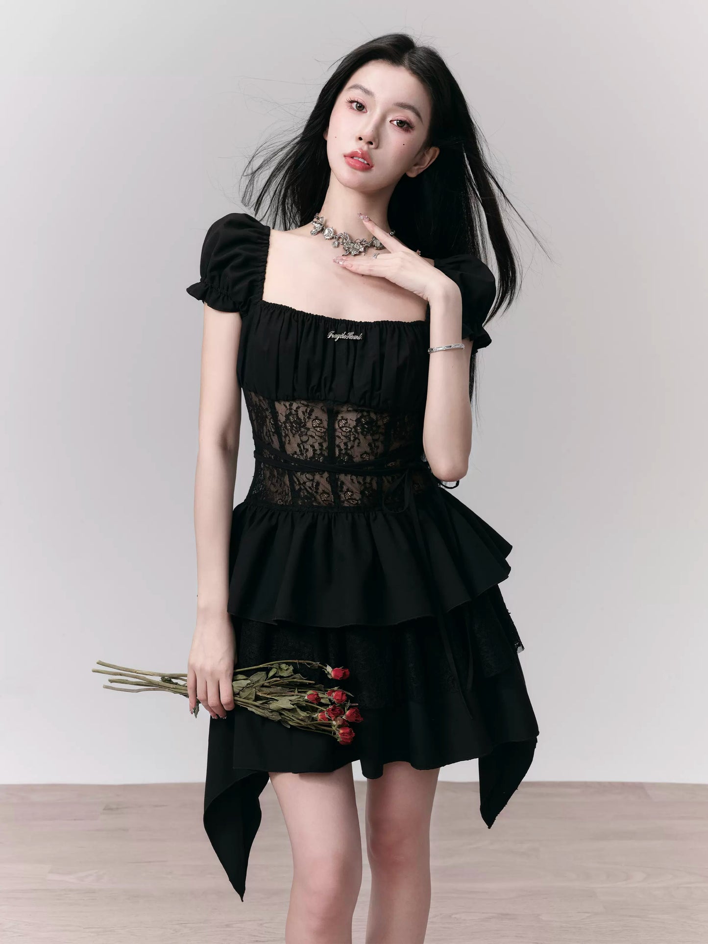 Puff Sleeves Lace Ruffled Short Dress With Thin Waist Strap