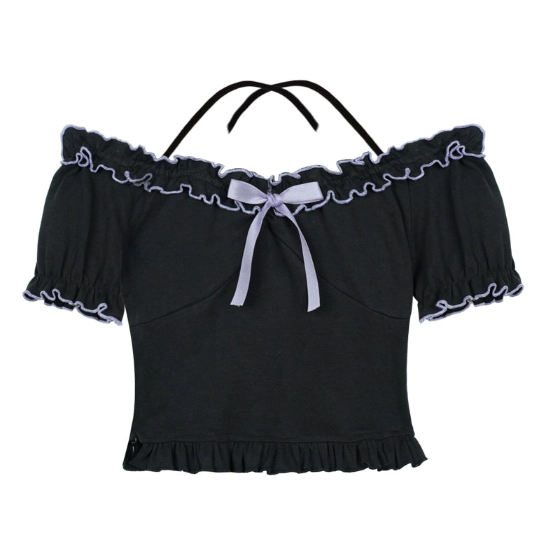 Ruffled Halter Neck Off Shoulder Top With Bow