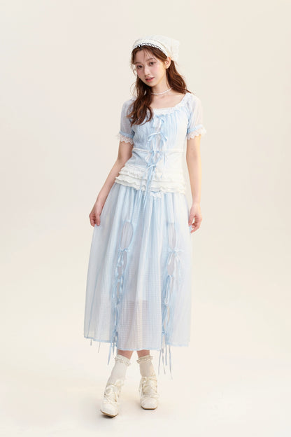 Tie Detail Sheer Blouse, Skirt & Ruffled Camisole