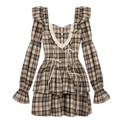 Bow Detail Frilled Puffy Sleeved Plaid Tiered Short Dress