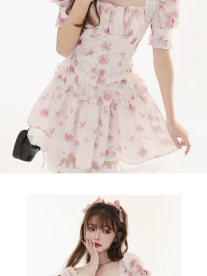 Mix And Match Floral Puff Sleeve Top And Short Tutu Skirt