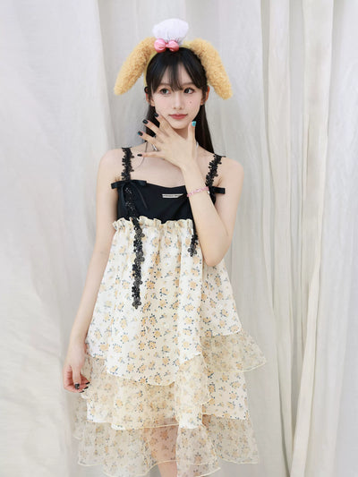 Floral Ruffled Babydoll Dress With Lace Straps (hover)