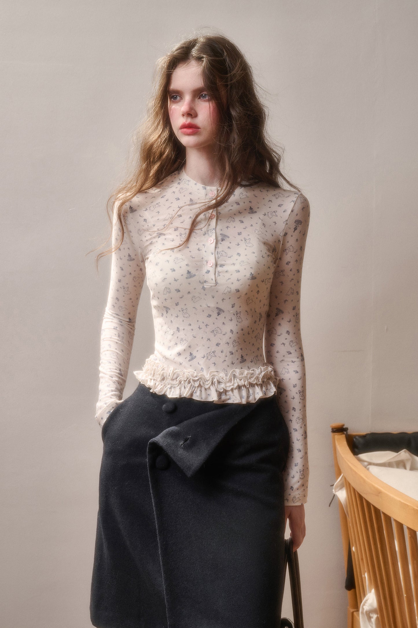 Bunny Print Henley Neck Ruffled T-Shirt