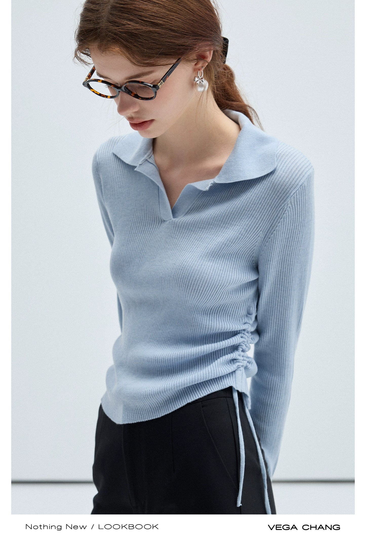 Plain Polo Rib Knit Top And Flared Slim Pants