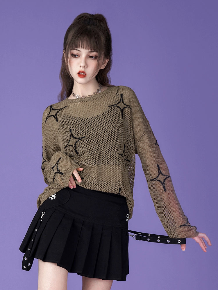 Long Sleeved Cross Hollow Star See-through Pullover