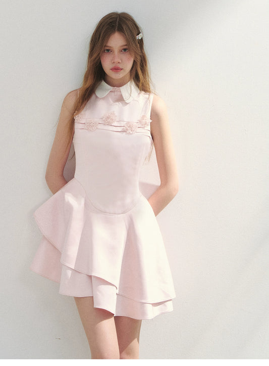 Structured Asymmetric Satin Dress With Peter Pan Collar