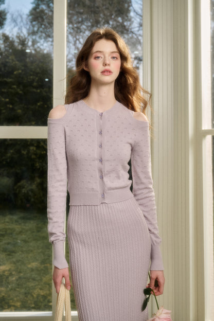 Open-Shoulder Knit Cardigan / Cable Knit Sleeveless Dress