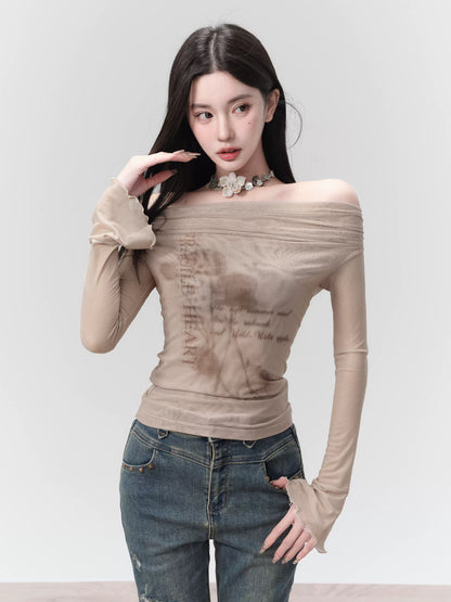 Off Shoulder Slim Fit Long Sleeved Mesh Top