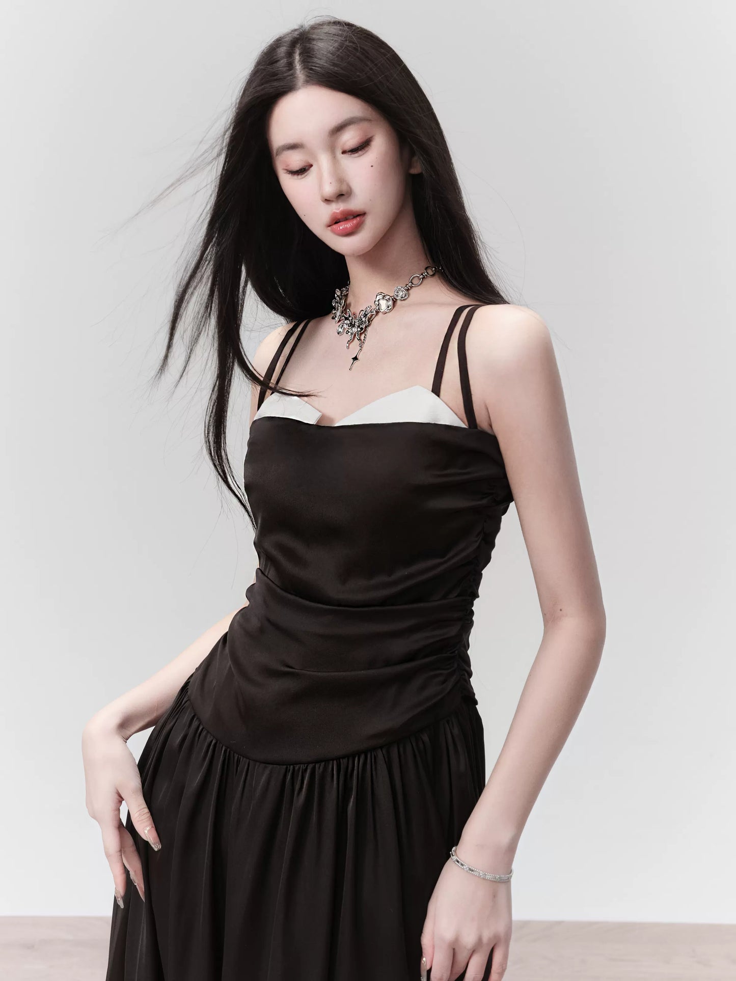 Ruched Glossy Satin Long Camisole Dress With Double Straps