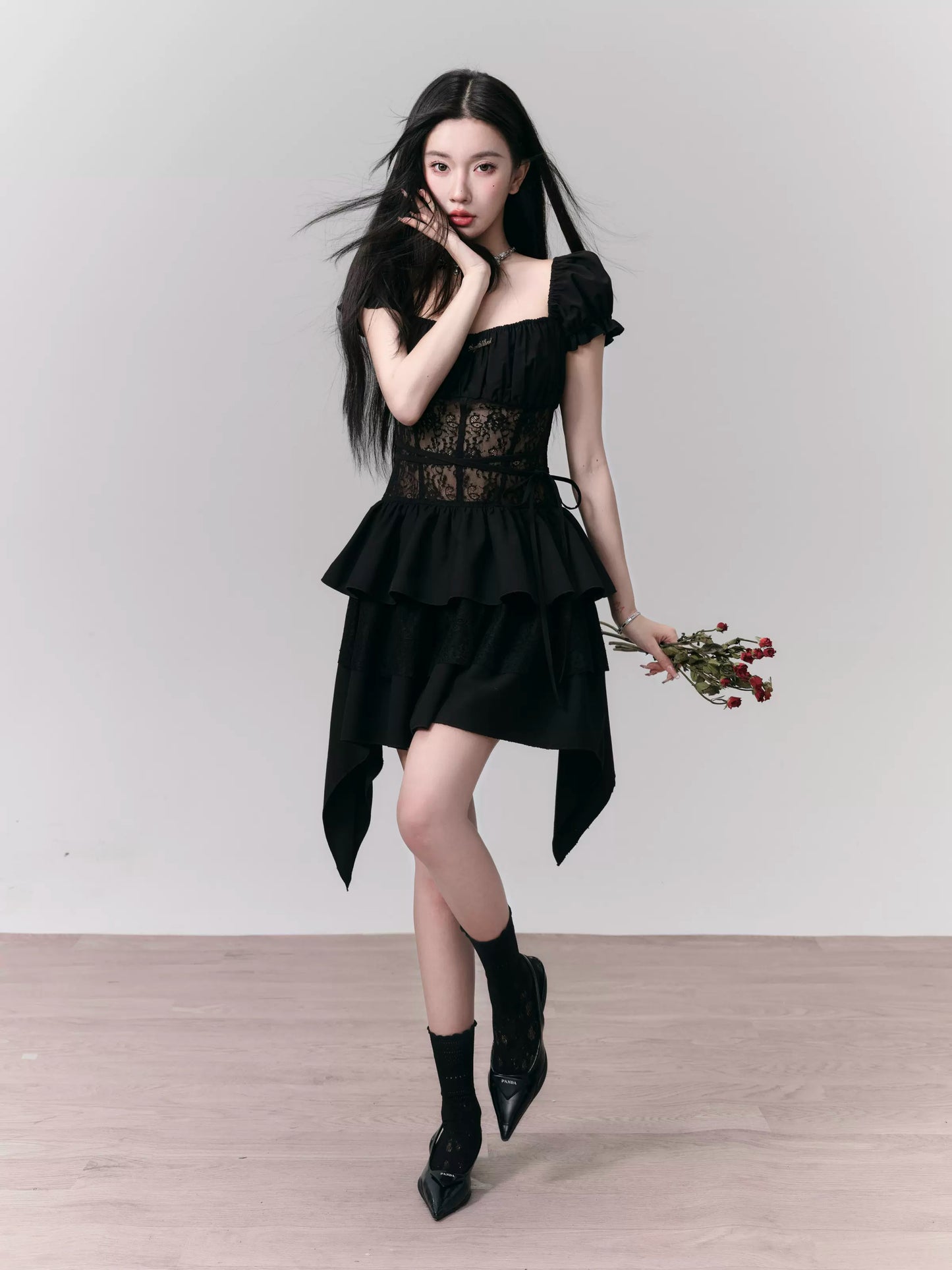 Puff Sleeves Lace Ruffled Short Dress With Thin Waist Strap