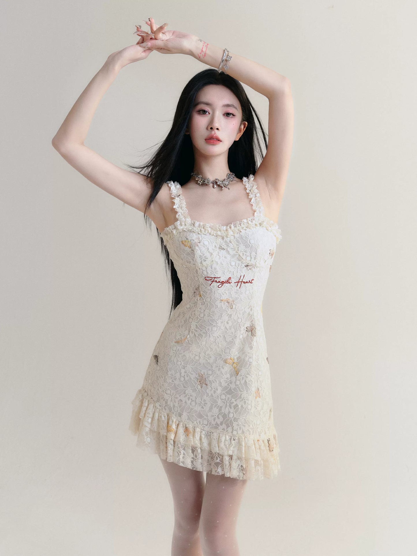 Butterfly Embroidered Lace Short Asymmetric Ruffled Dress