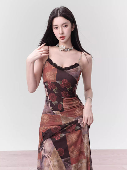 Rose Floral Print Lace Trim Shirring Waist Camisole Dress