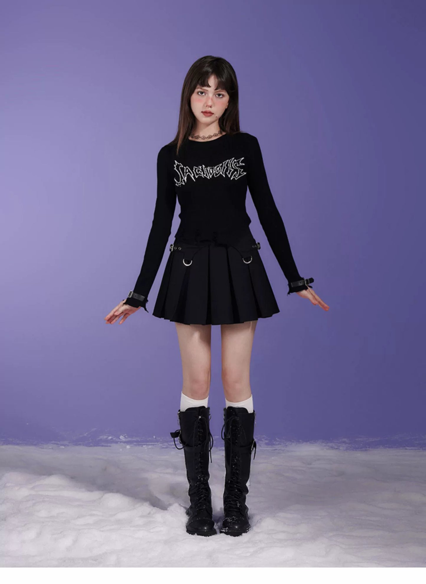 Asymmetric Long Sleeved Distressed T-Shirt With Belted Cuffs