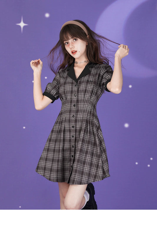 College Style Plaid Open Collar Button-Up Short Dress