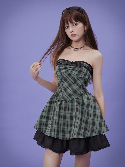 Checkered Tube Top Slim Fit Zip-Up Mini Dress With Bow