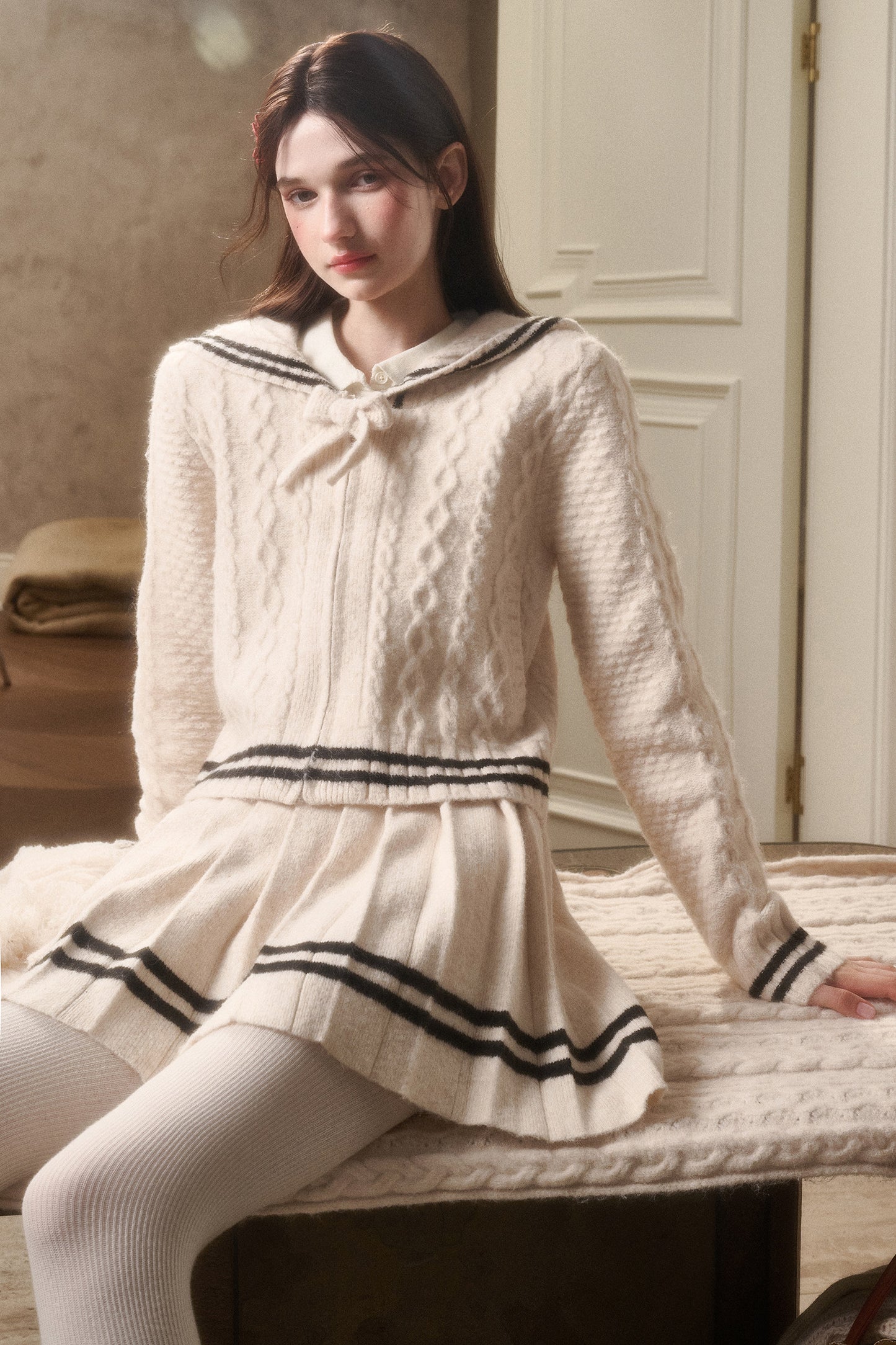 Preppy Cable Knit Zip-Up Top & Pleated Skirt