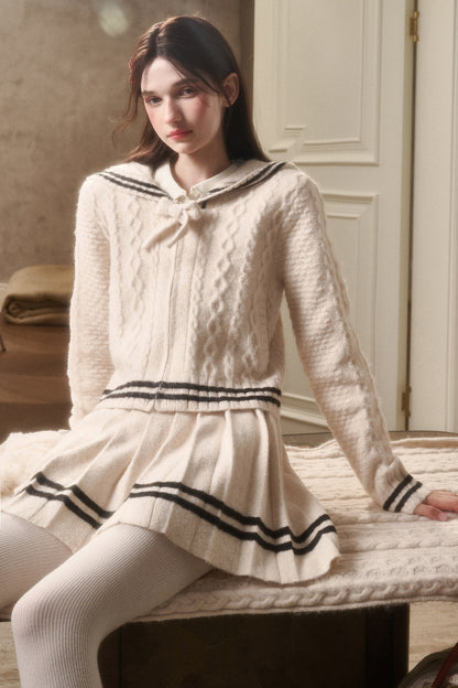 Preppy Cable Knit Zip-Up Top & Pleated Skirt