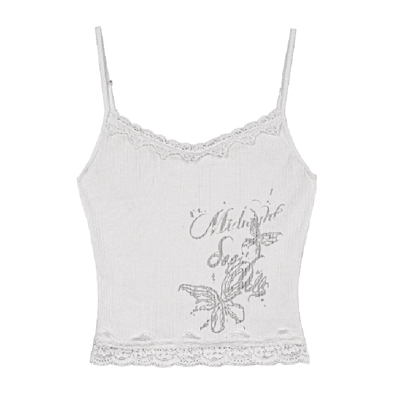 Printed Ribbed Short Camisole Top With Lace Trim