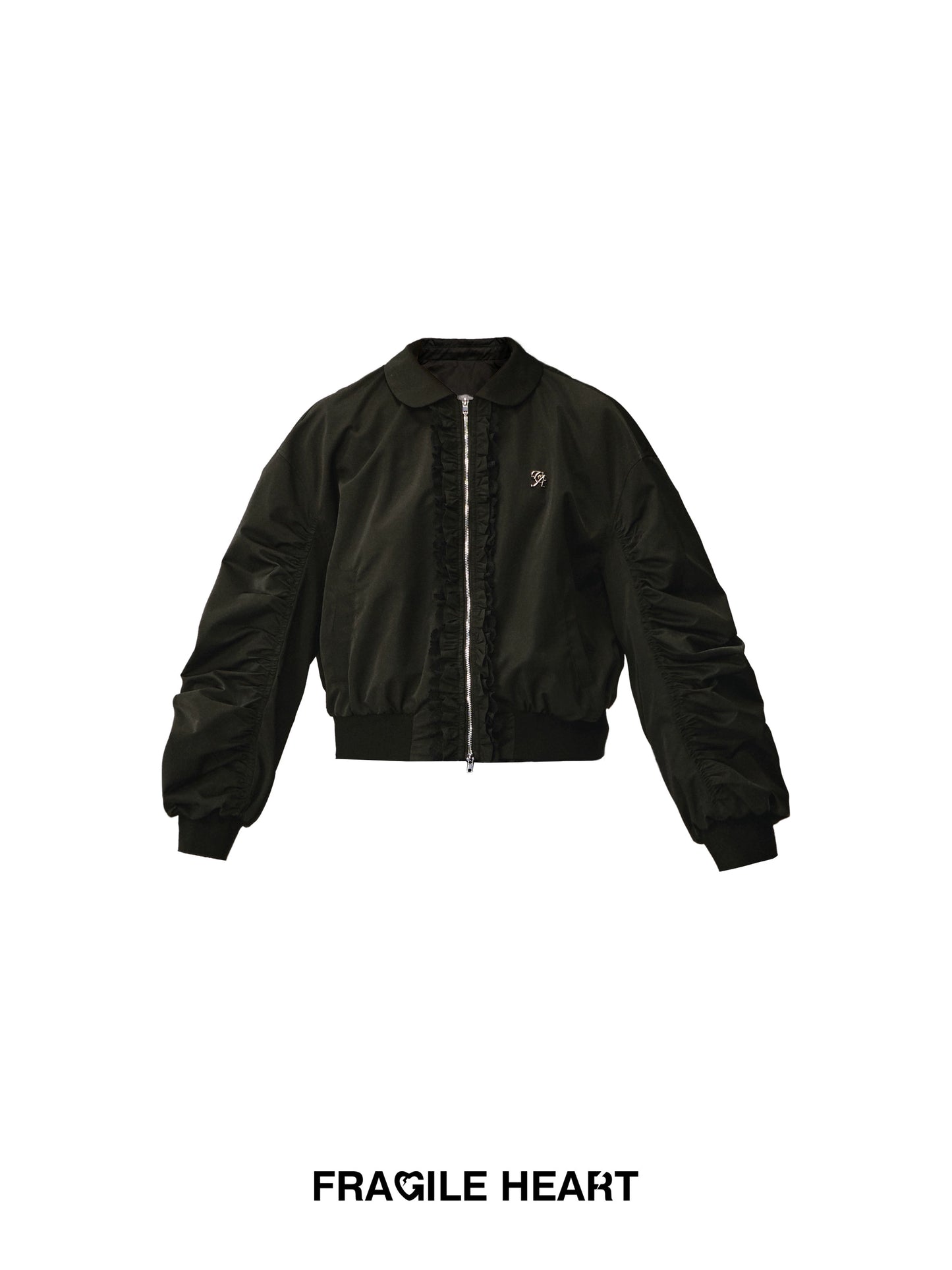 Ruched Bomber Jacket With Ruffle Trim