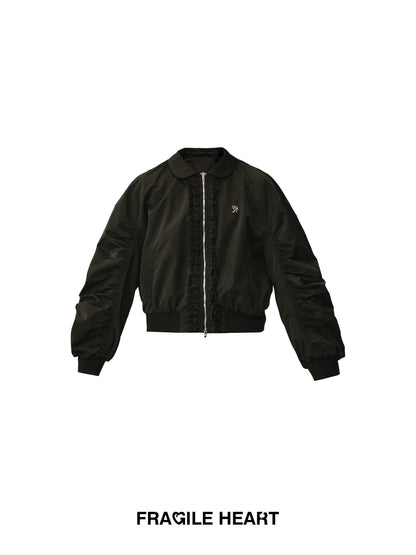 Ruched Bomber Jacket With Ruffle Trim