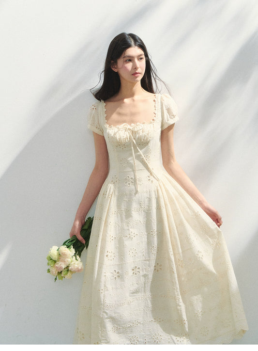 Embroidered Cotton Corset Dress With Square Neck