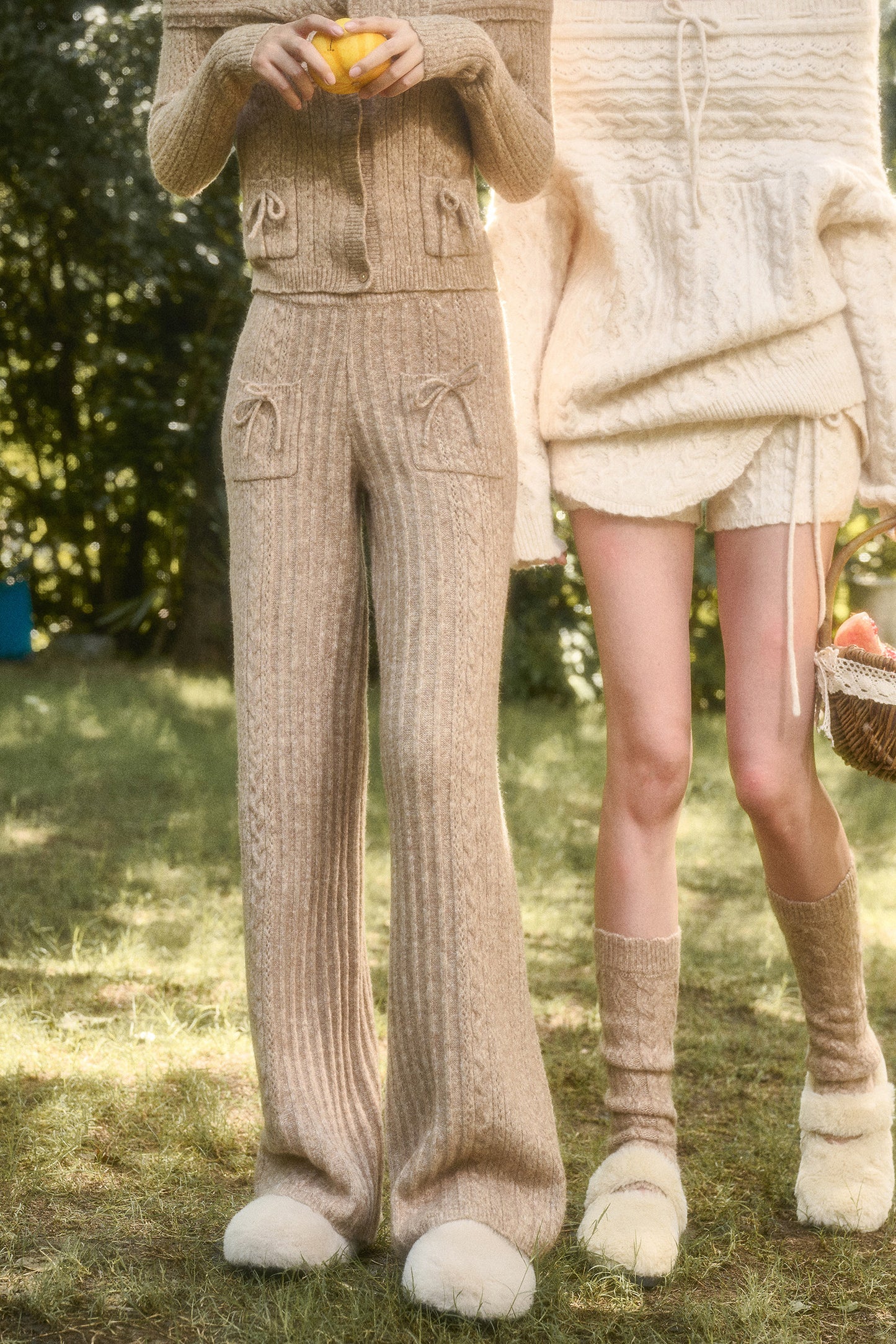 Off-Shoulder Pointelle Knit Top & Pants With Bow Details