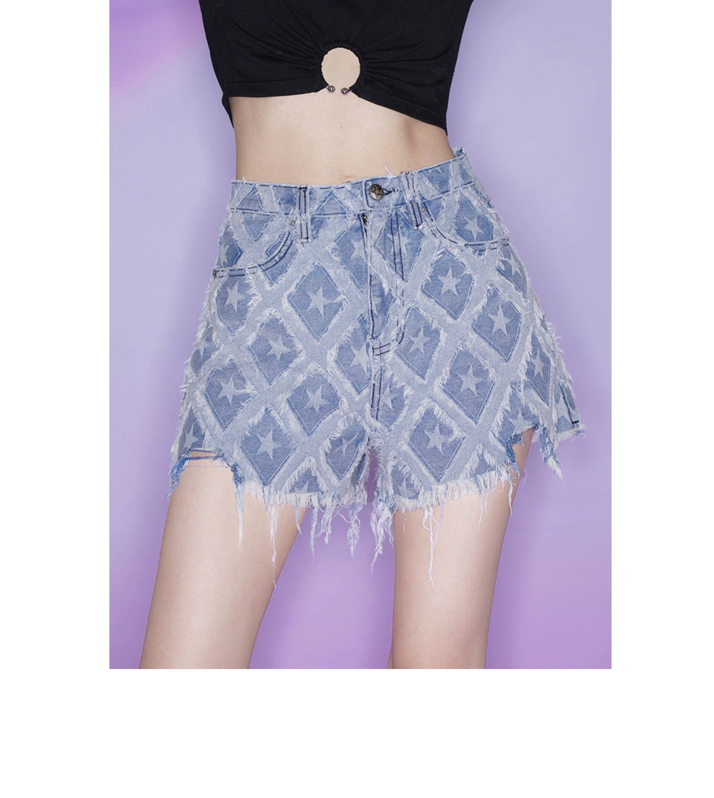 High Waisted Distressed Denim Shorts With Star Pattern