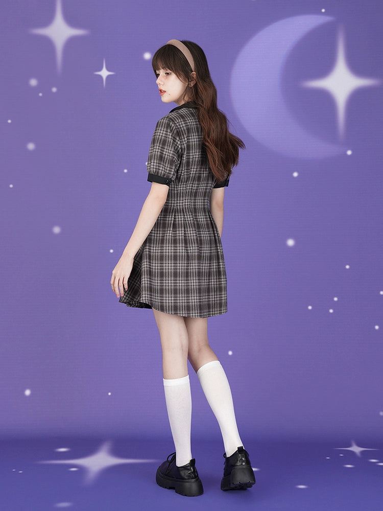 College Style Plaid Open Collar Button-Up Short Dress